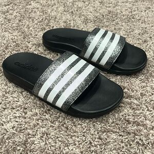 adidas Kids Black Sandals with White Stripes